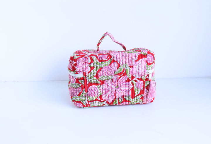 Handcrafted Vanity Bag for Women - Hand block printed Vanity case - Red floral