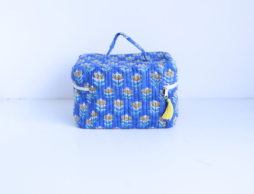Handcrafted Vanity Bag for Women - Hand block printed Vanity case - Blue booti floral