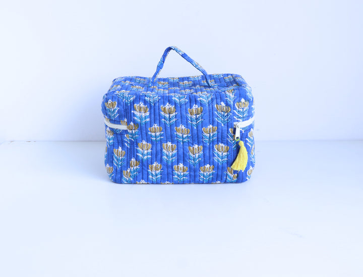 Handcrafted Vanity Bag for Women - Hand block printed Vanity case - Blue booti floral