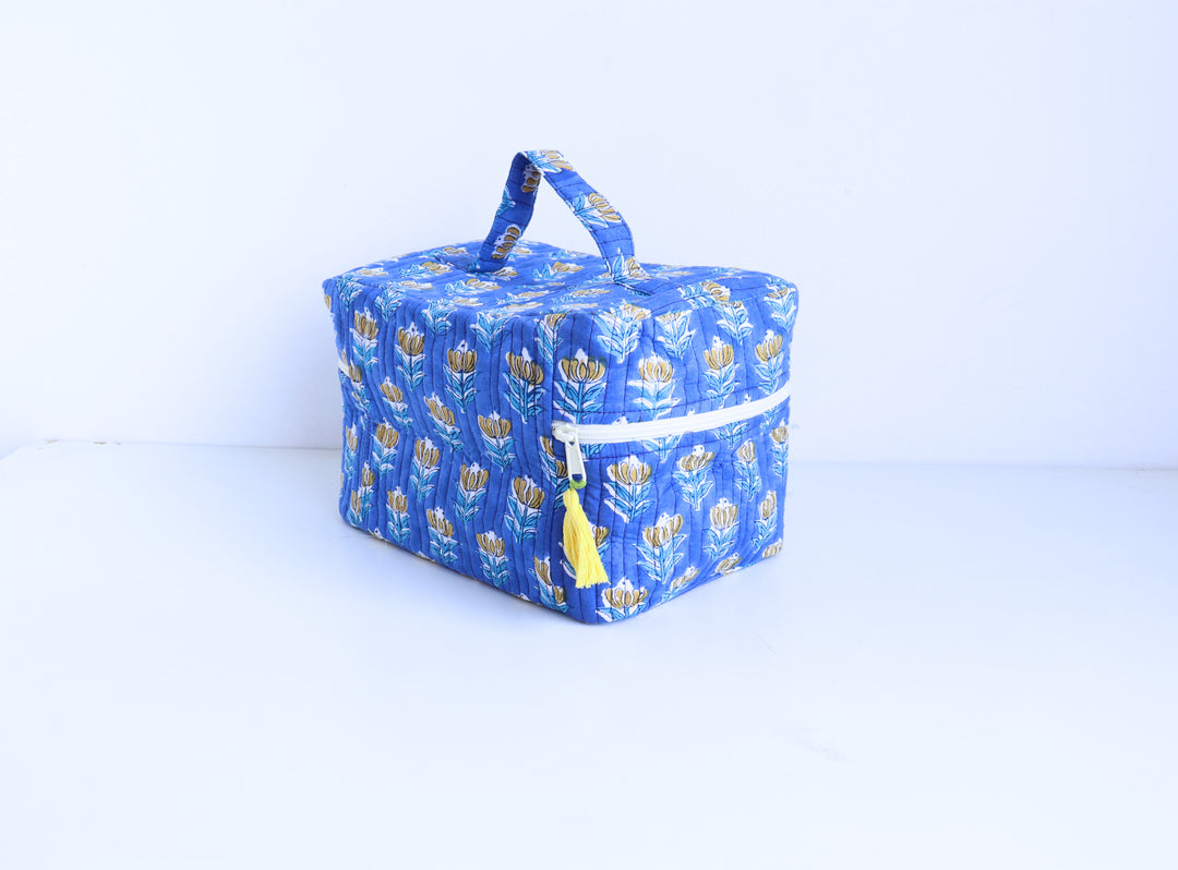 Handcrafted Vanity Bag for Women - Hand block printed Vanity case - Blue booti floral