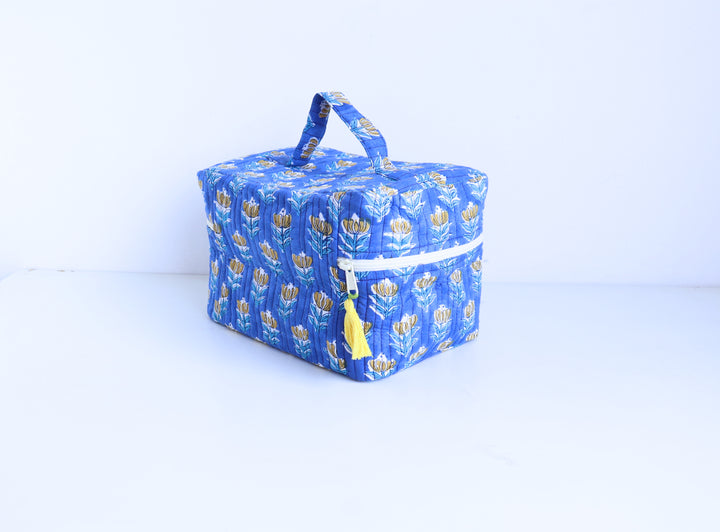 Handcrafted Vanity Bag for Women - Hand block printed Vanity case - Blue booti floral