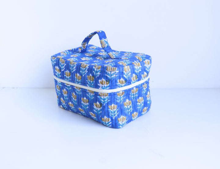 Handcrafted Vanity Bag for Women - Hand block printed Vanity case - Blue booti floral