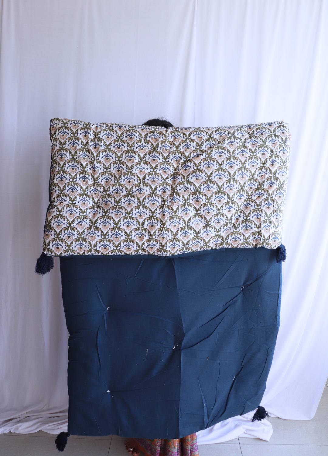 Reversible Floor mattress - Large floor cushion - 3 x 6 feet - Floral blue & Navy