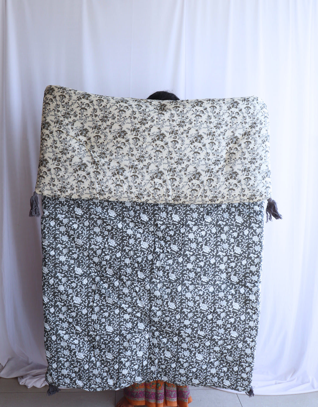 Reversible Floor mattress - Natural dye large floor cushion - 3 x 6 feet - Grey Floral