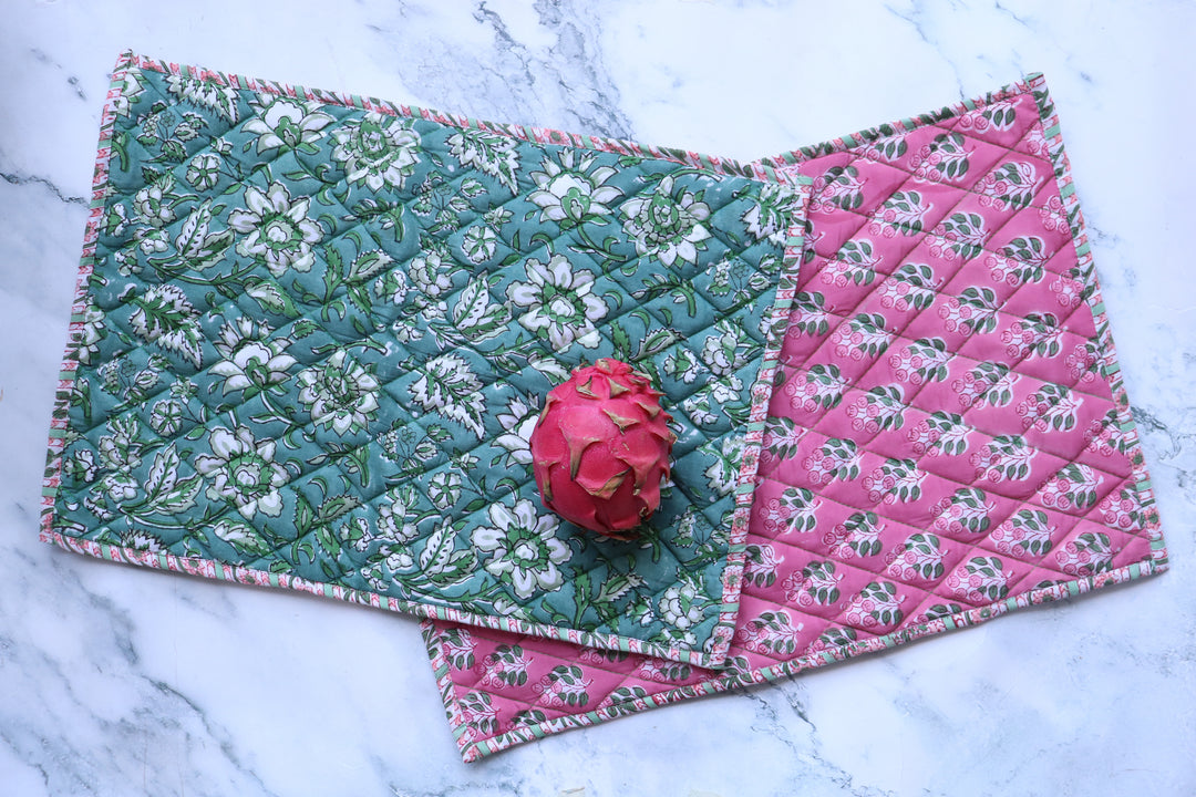 Set of 2 Block print Quilted placemats - Reversible Table mats - 13x19 inches - Green and Pink