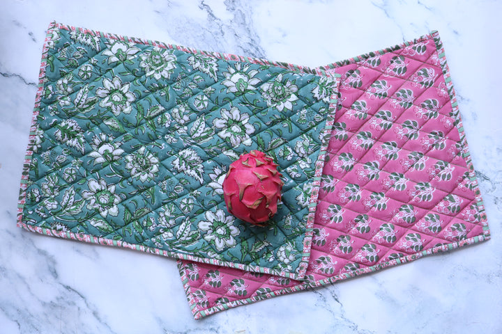 Set of 2 Block print Quilted placemats - Reversible Table mats - 13x19 inches - Green and Pink