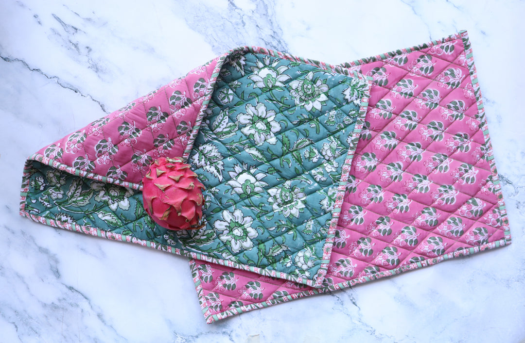 Set of 2 Block print Quilted placemats - Reversible Table mats - 13x19 inches - Green and Pink