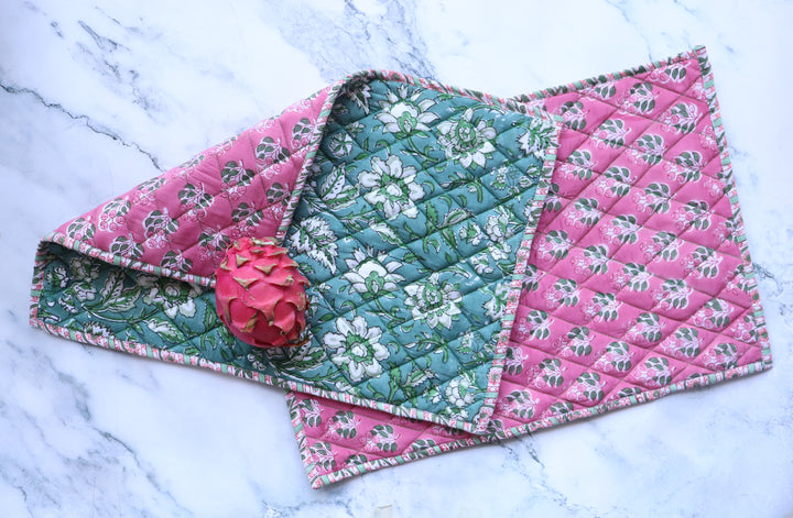 Set of 2 Block print Quilted placemats - Reversible Table mats - 13x19 inches - Green and Pink