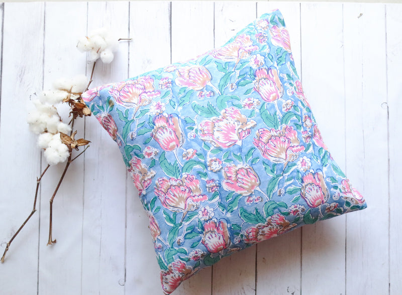 Block print decorative cushion covers - 16x16 inches - Light blue floral cushion covers