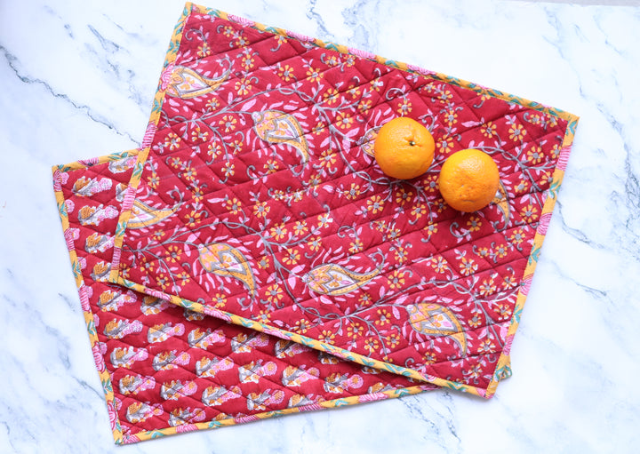 Set of 2 Block print Quilted placemats - Reversible Table mats - 13x19 inches - Red floral
