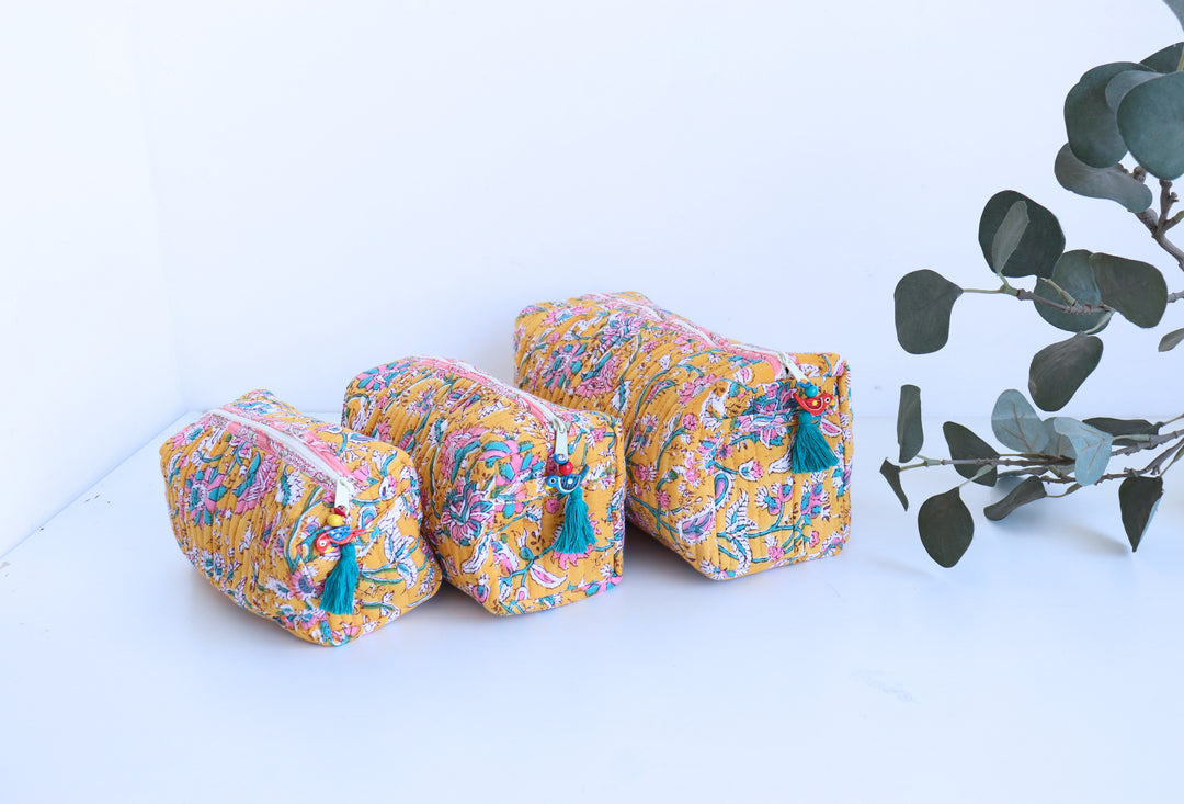 Block print make up bags - Set of 3 - Yellow Sunshine