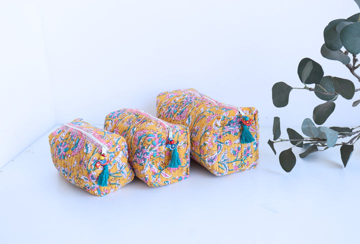 Block print make up bags - Set of 3 - Yellow Sunshine