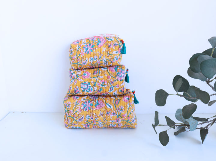 Block print make up bags - Set of 3 - Yellow Sunshine