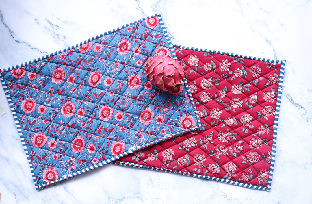 Set of 2 Block print Quilted placemats - Reversible Table mats - 13x19 inches - Blue and Red