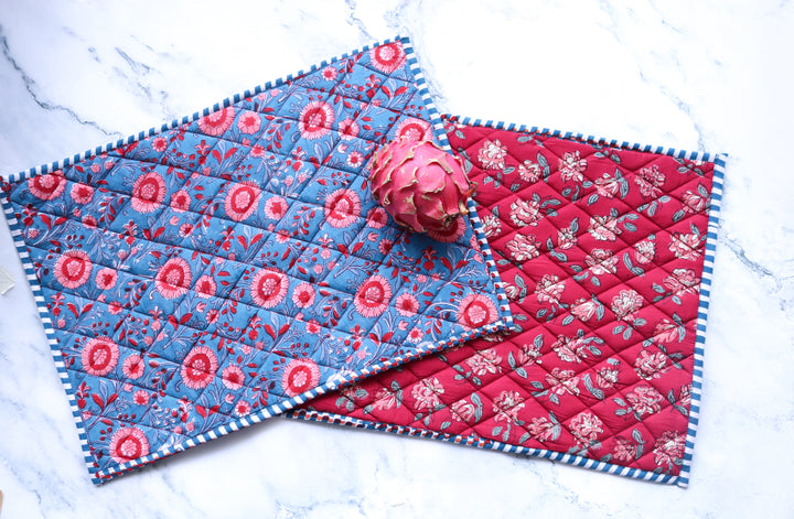 Set of 2 Block print Quilted placemats - Reversible Table mats - 13x19 inches - Blue and Red