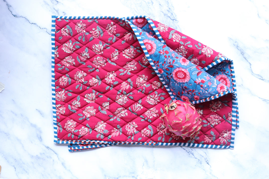 Set of 2 Block print Quilted placemats - Reversible Table mats - 13x19 inches - Blue and Red