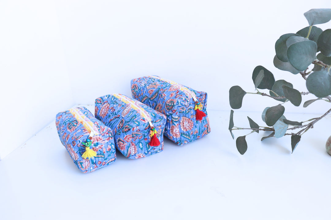 Set of 3 Cosmetic bags - Block print fabric travel pouches - Blue floral