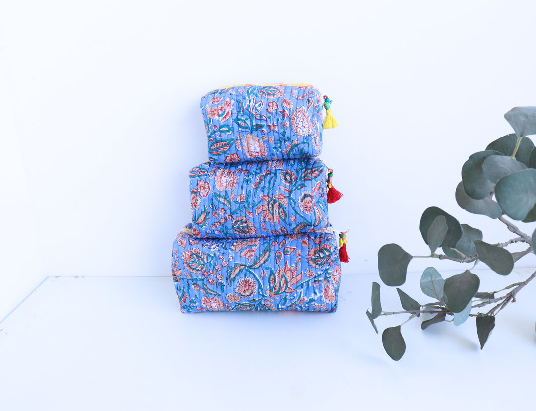 Set of 3 Cosmetic bags - Block print fabric travel pouches - Blue floral