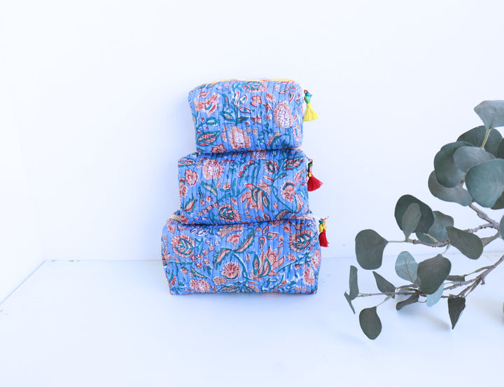 Set of 3 Cosmetic bags - Block print fabric travel pouches - Blue floral