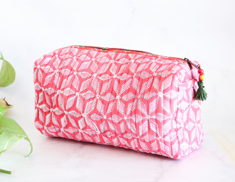 Personalized Cosmetic bag - Makeup bag - Block print fabric travel pouch- Large