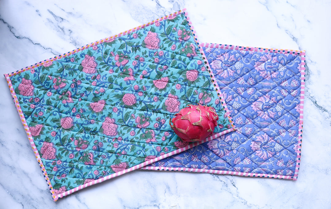 Set of 2 Block print Quilted placemats - Reversible Table mats - 13x19 inches - Turquoise & Lilac