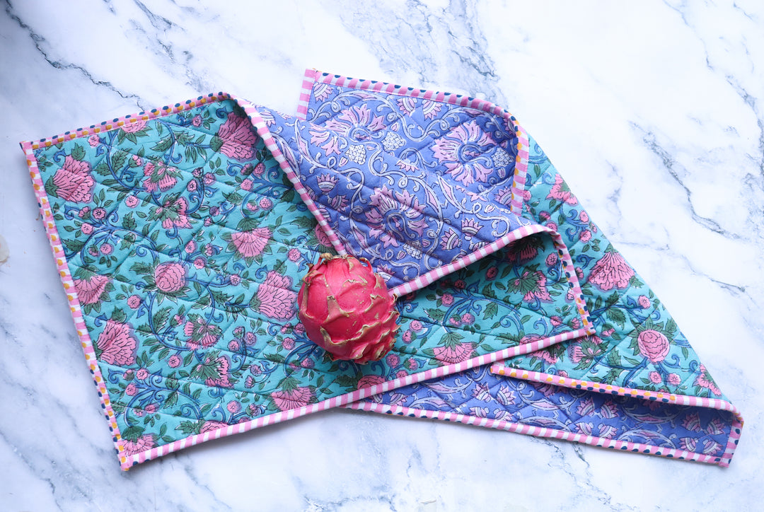 Set of 2 Block print Quilted placemats - Reversible Table mats - 13x19 inches - Turquoise & Lilac