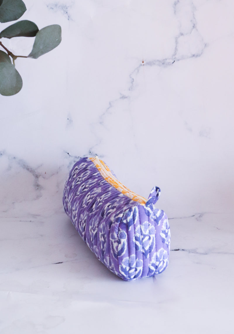 Quilted round pencil cases - Block print pouches - Lilac