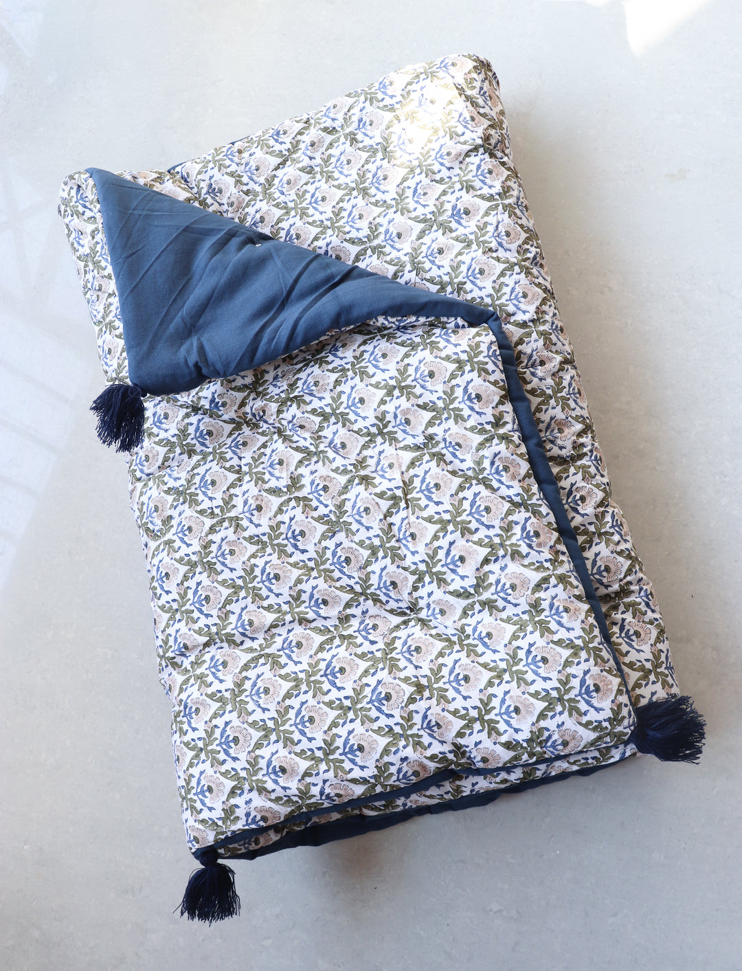 Reversible Floor mattress - Large floor cushion - 3 x 6 feet - Floral blue & Navy