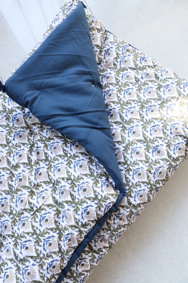 Reversible Floor mattress - Large floor cushion - 3 x 6 feet - Floral blue & Navy