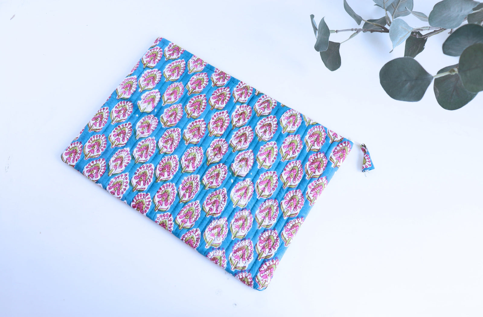 Turquoise block print quilted laptop sleeve, fits 13 to 15 inch laptops, handmade by Kari by Kriti
