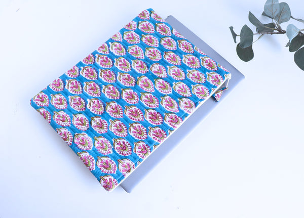 Turquoise block print quilted laptop sleeve, fits 13 to 15 inch laptops, handmade by Kari by Kriti
