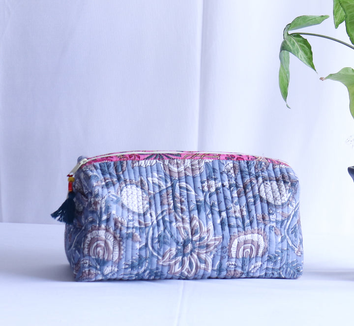 Large Cosmetic bag - Makeup bag - Block print fabric travel pouch-  Dusty Blue