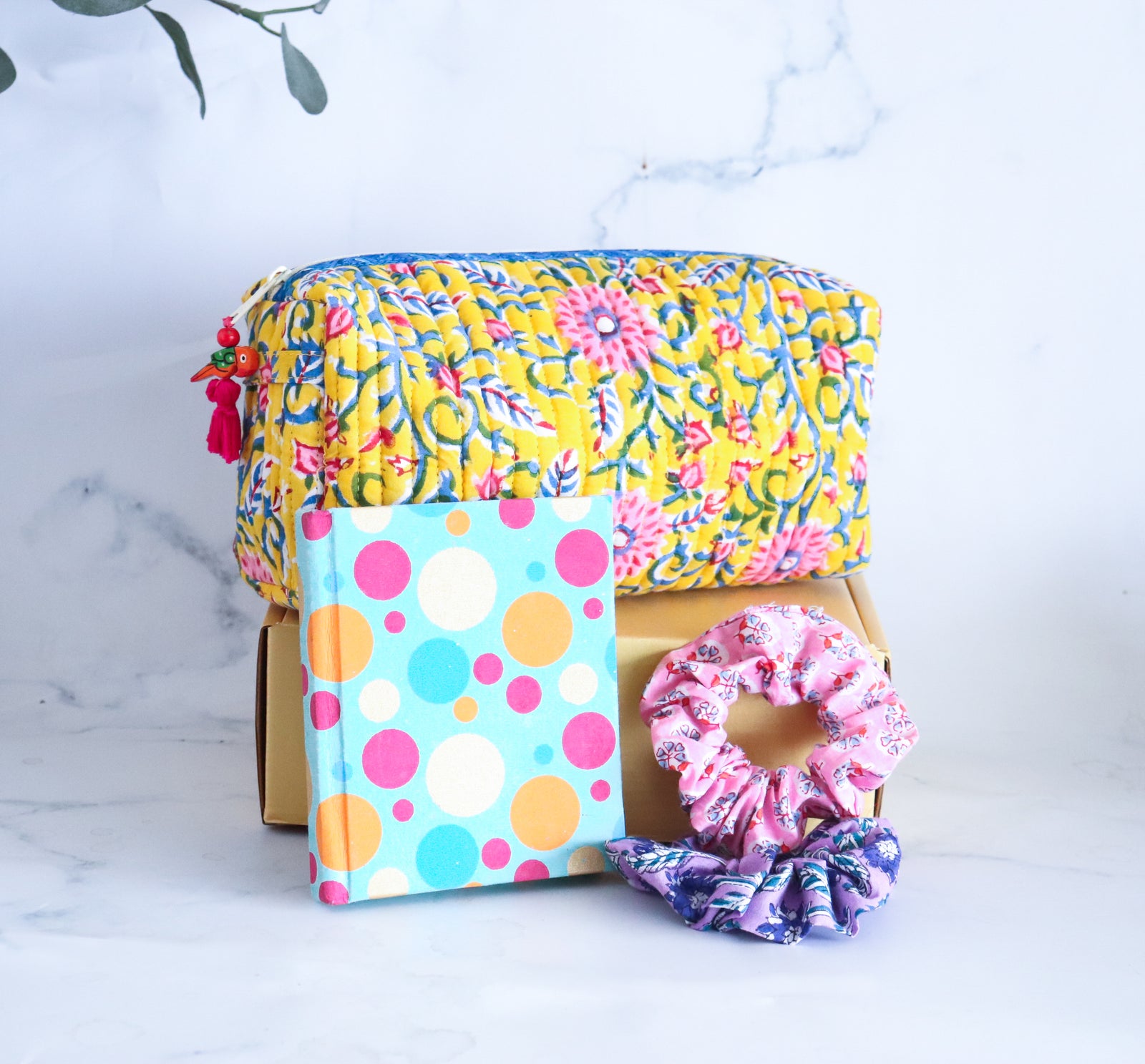 The Happy gift box with handmade block print accessories by Kari by Kriti
