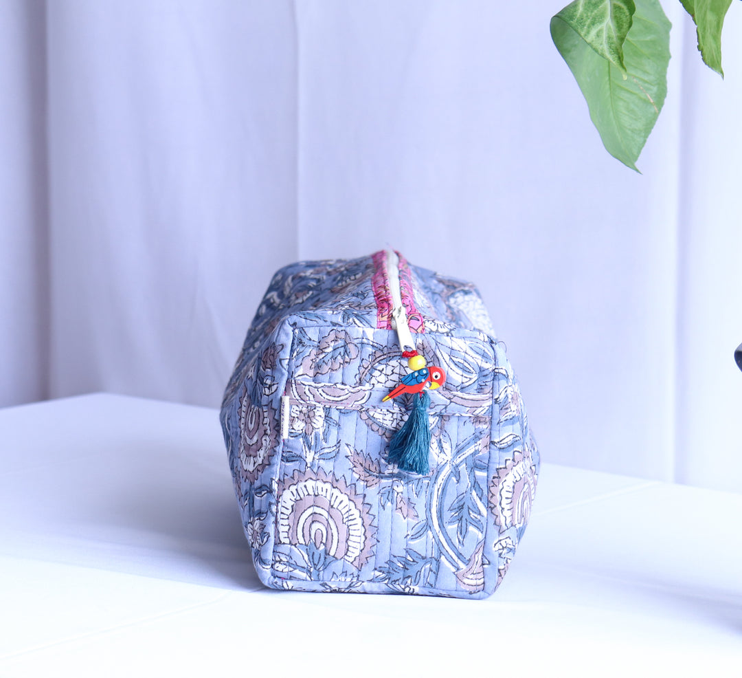 Large Cosmetic bag - Makeup bag - Block print fabric travel pouch-  Dusty Blue