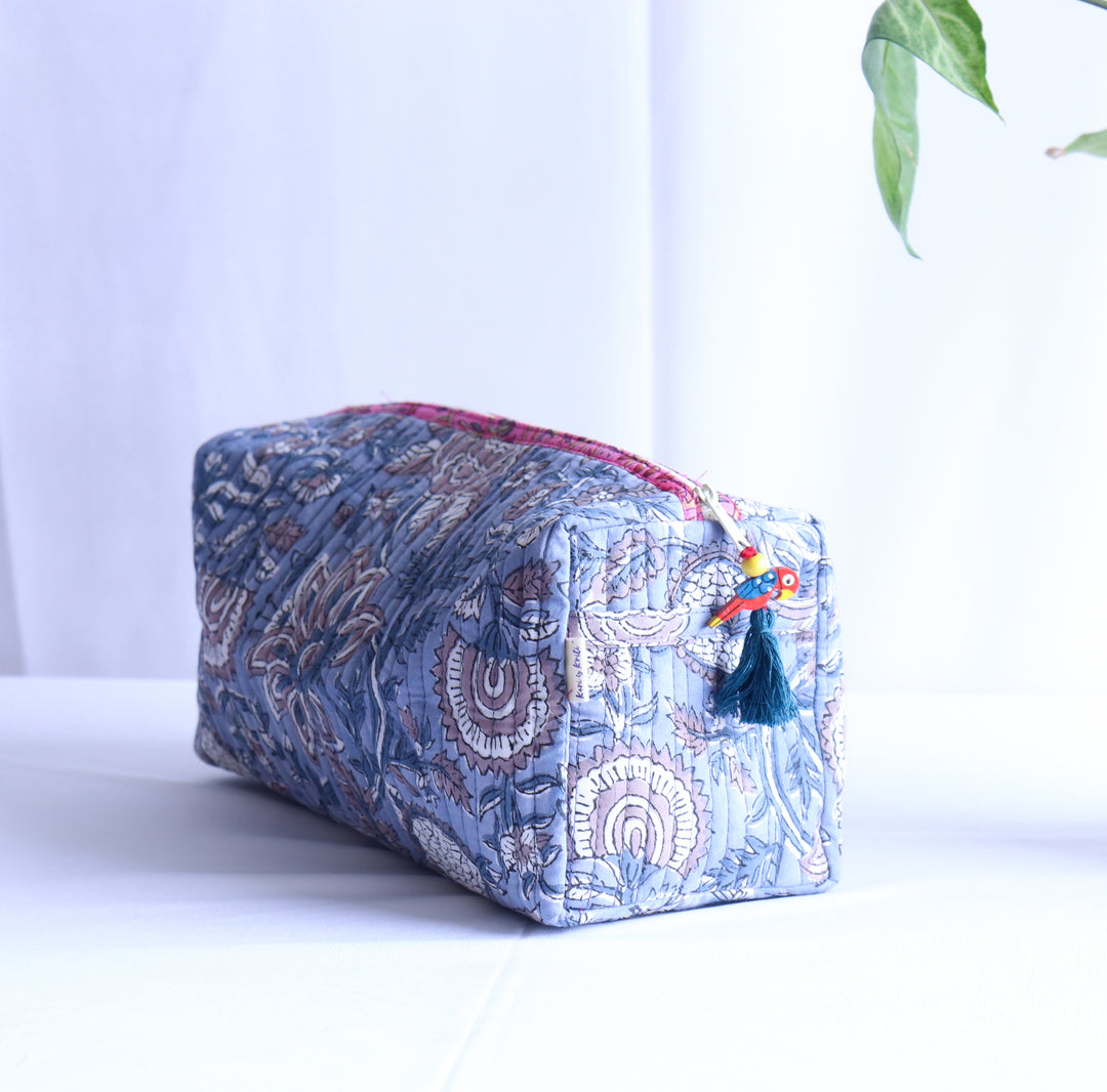 Large Cosmetic bag - Makeup bag - Block print fabric travel pouch-  Dusty Blue