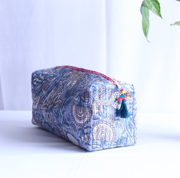 Large Cosmetic bag - Makeup bag - Block print fabric travel pouch-  Dusty Blue