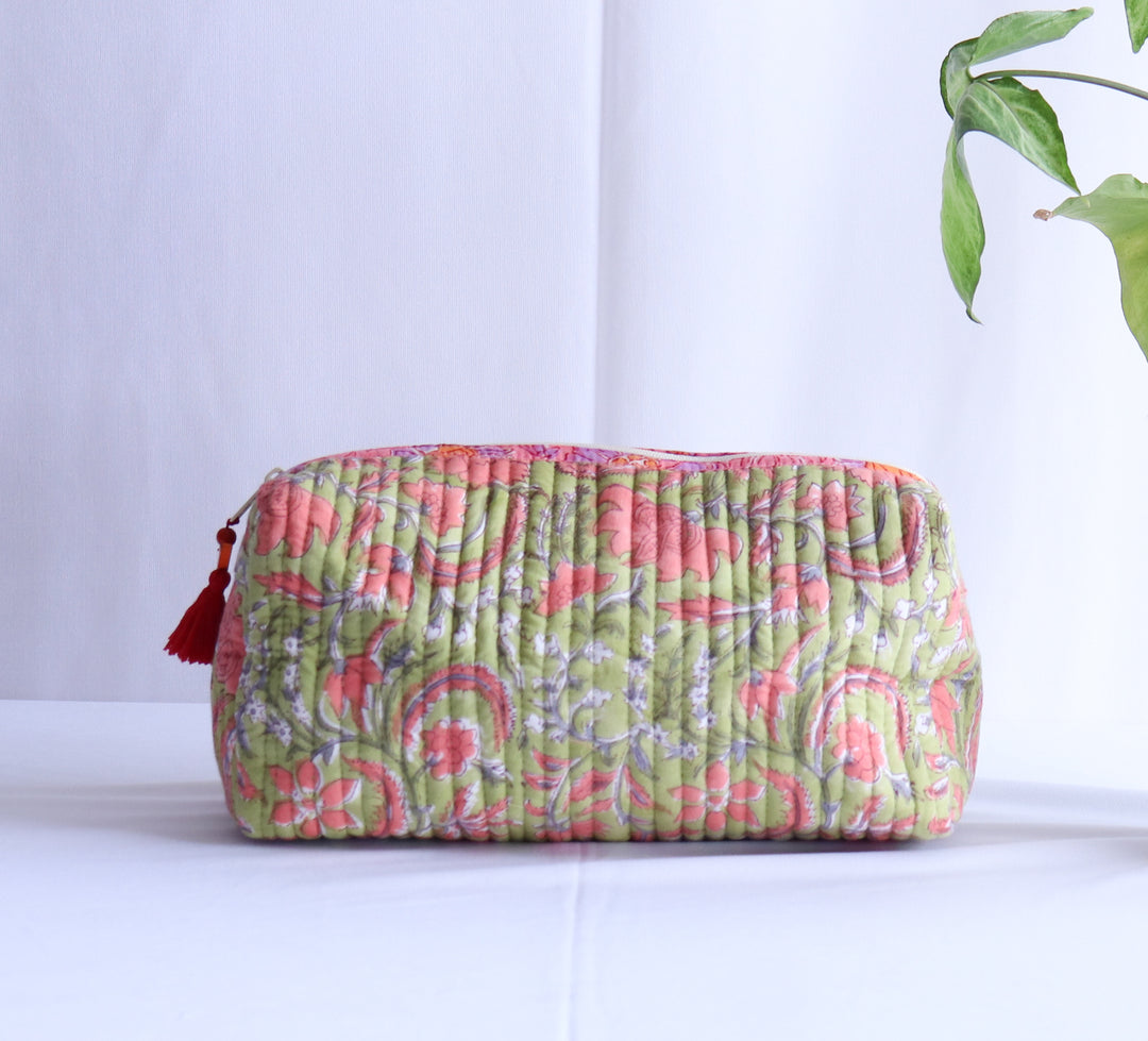Large Cosmetic bag - Makeup bag - Block print fabric travel pouch-  Green and pink Vines