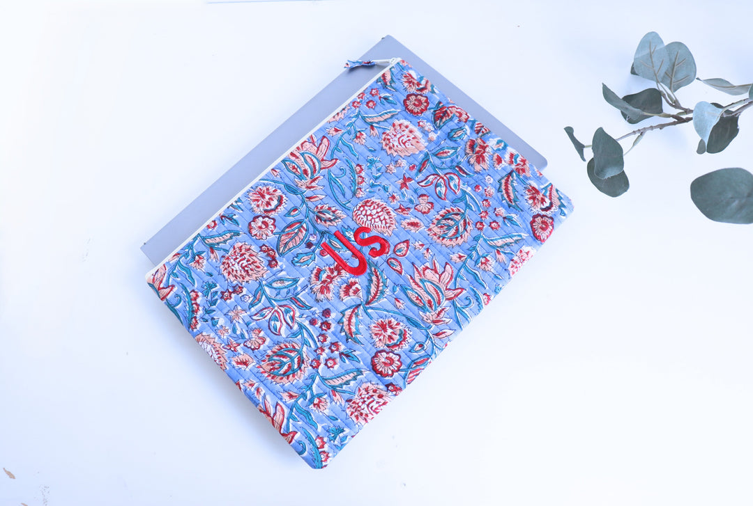 Personalized Block Print Laptop Sleeve - 13, 14 & 15 inch - Blue Floral