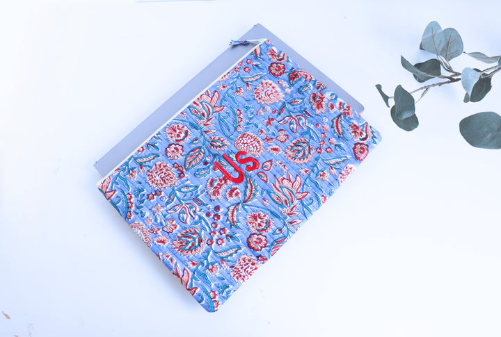 Personalized Block Print Laptop Sleeve - 13, 14 &amp; 15 inch - Blue Floral by Kari by Kriti