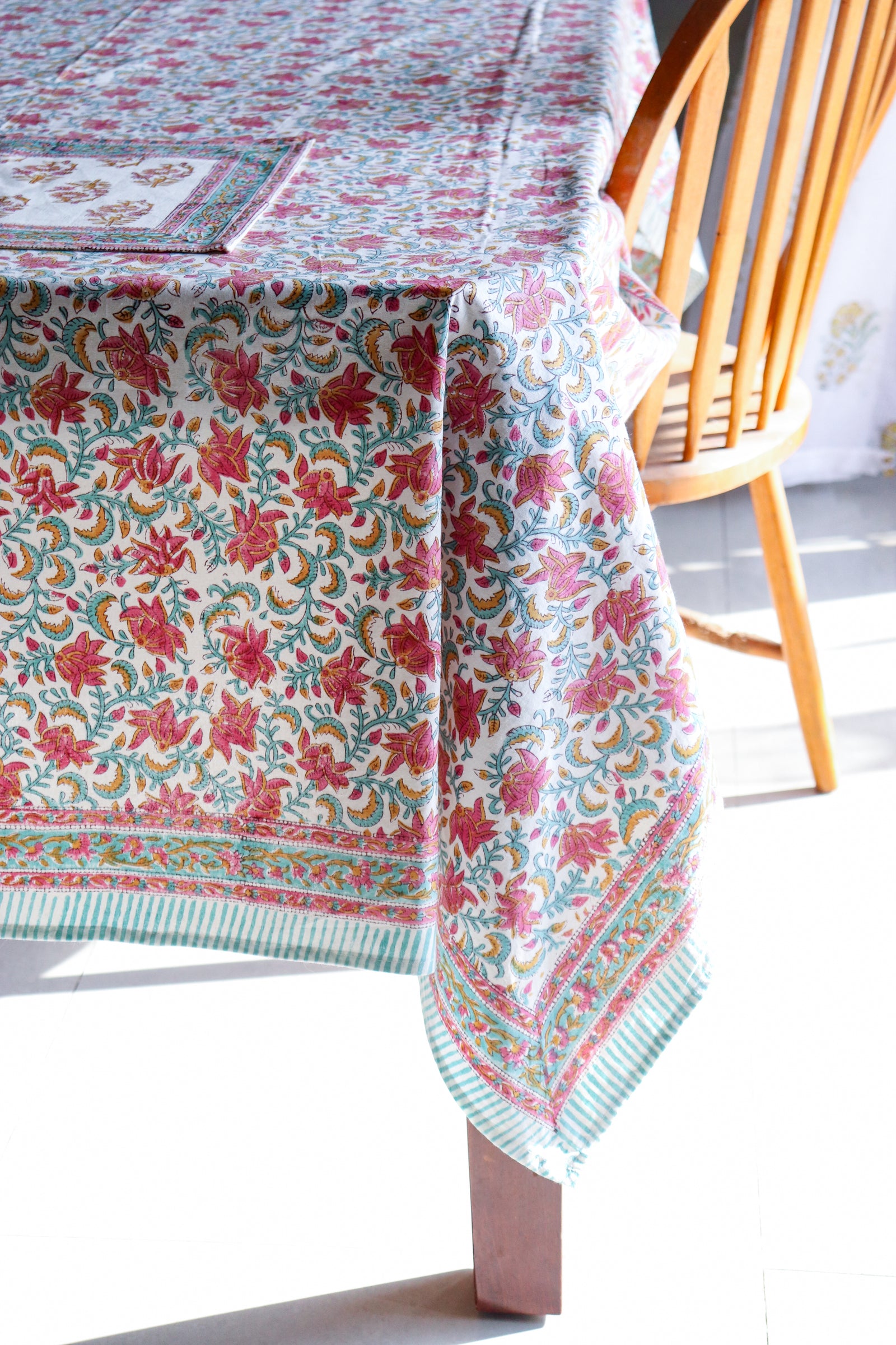 Rani Pink floral tablecloth - 8 seater block print table cloth - 60x120 inches by Kari by Kriti