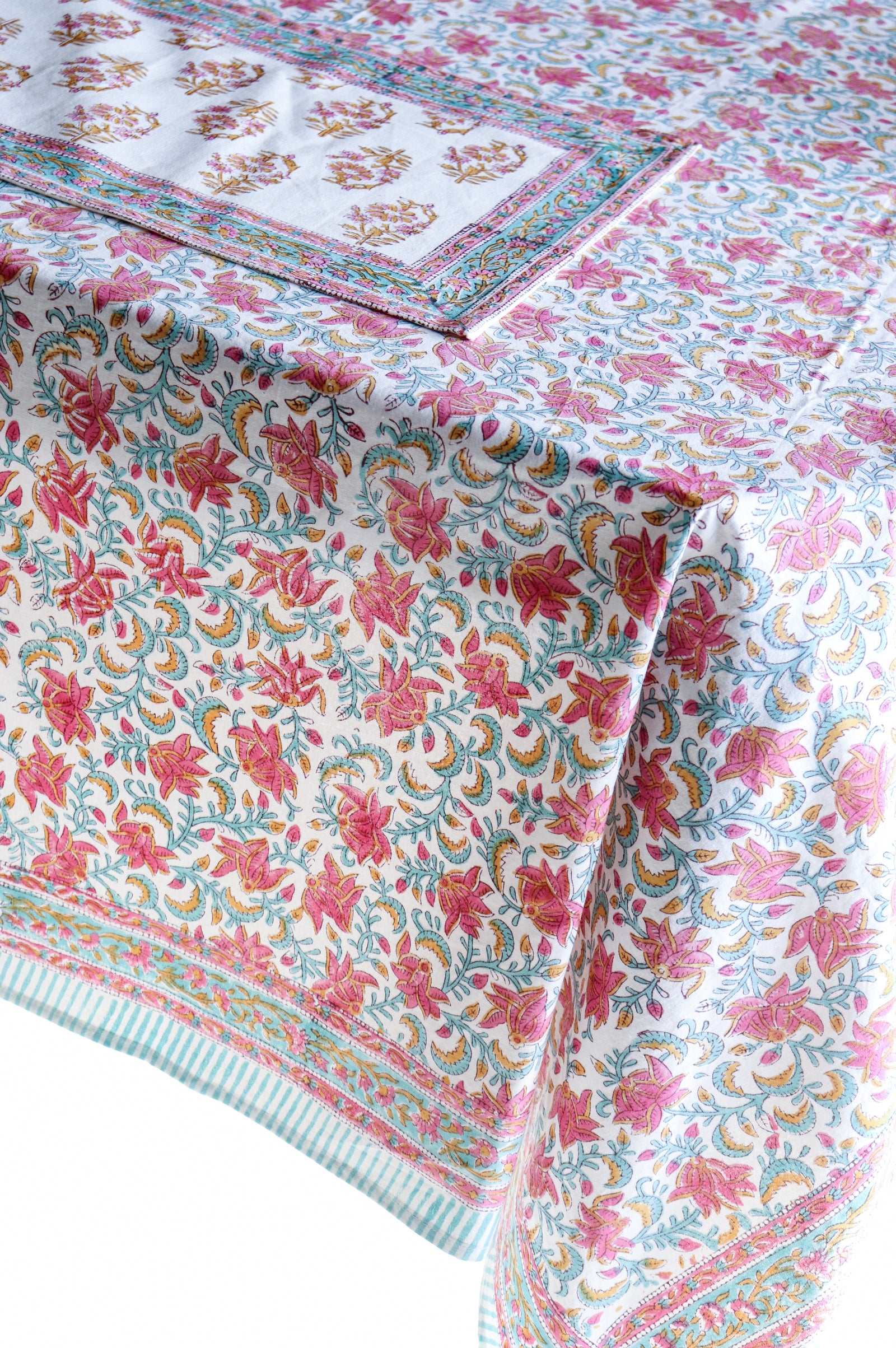 Rani Pink floral tablecloth - 8 seater block print table cloth - 60x120 inches - back view