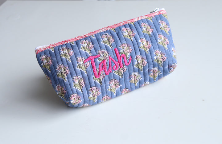 Personalized Block print pencil pouches - Quilted utility pouches with custom names