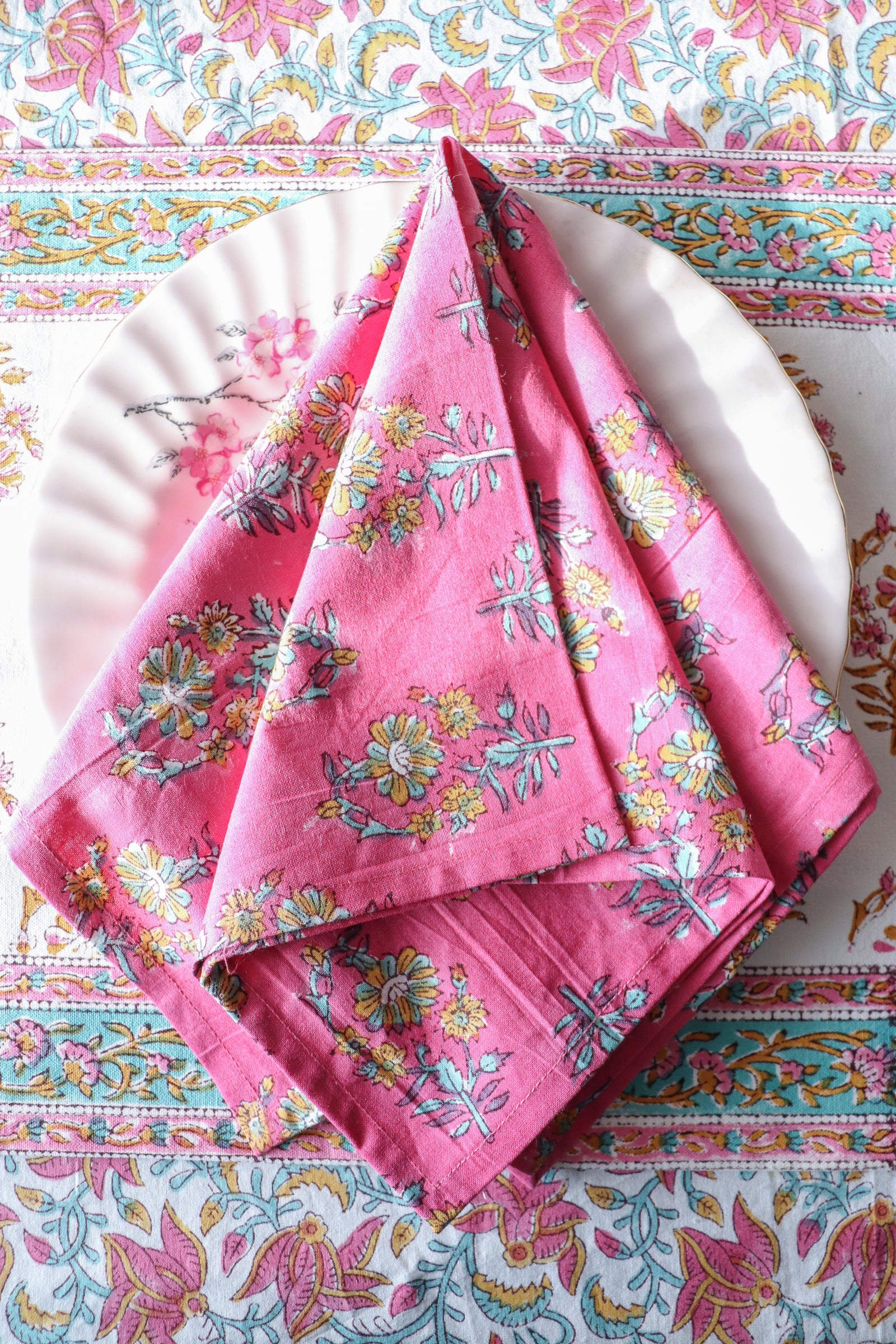 Rani Pink Block print napkins - Light weight dinner napkins - set of 6 napkins - back view