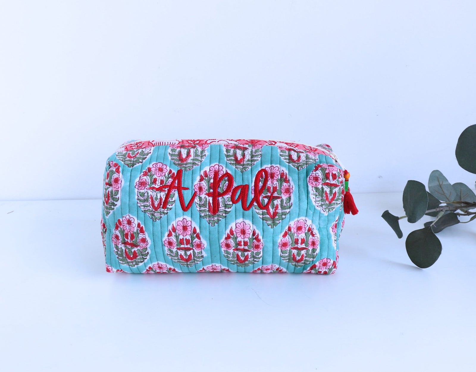 Sale -"A Pal" Personalized Large cosmetic bag - Dark Turquoise - Makeup bag by Kari by Kriti