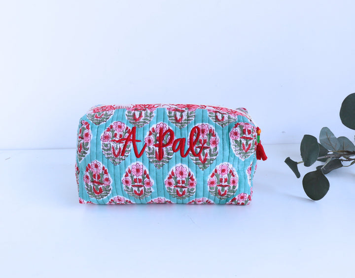 Sale -"A Pal" Personalized Large cosmetic bag - Dark Turquoise - Makeup bag by Kari by Kriti