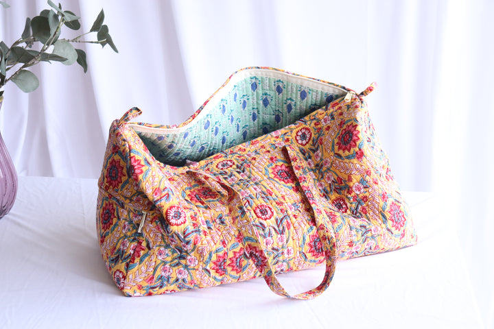 Block print weekender bag - Boho quilted bags - overnight bag - gym bag - Yellow and Red floral