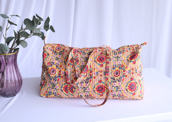 Block print weekender bag - Boho quilted bags - overnight bag - gym bag - Yellow and Red floral