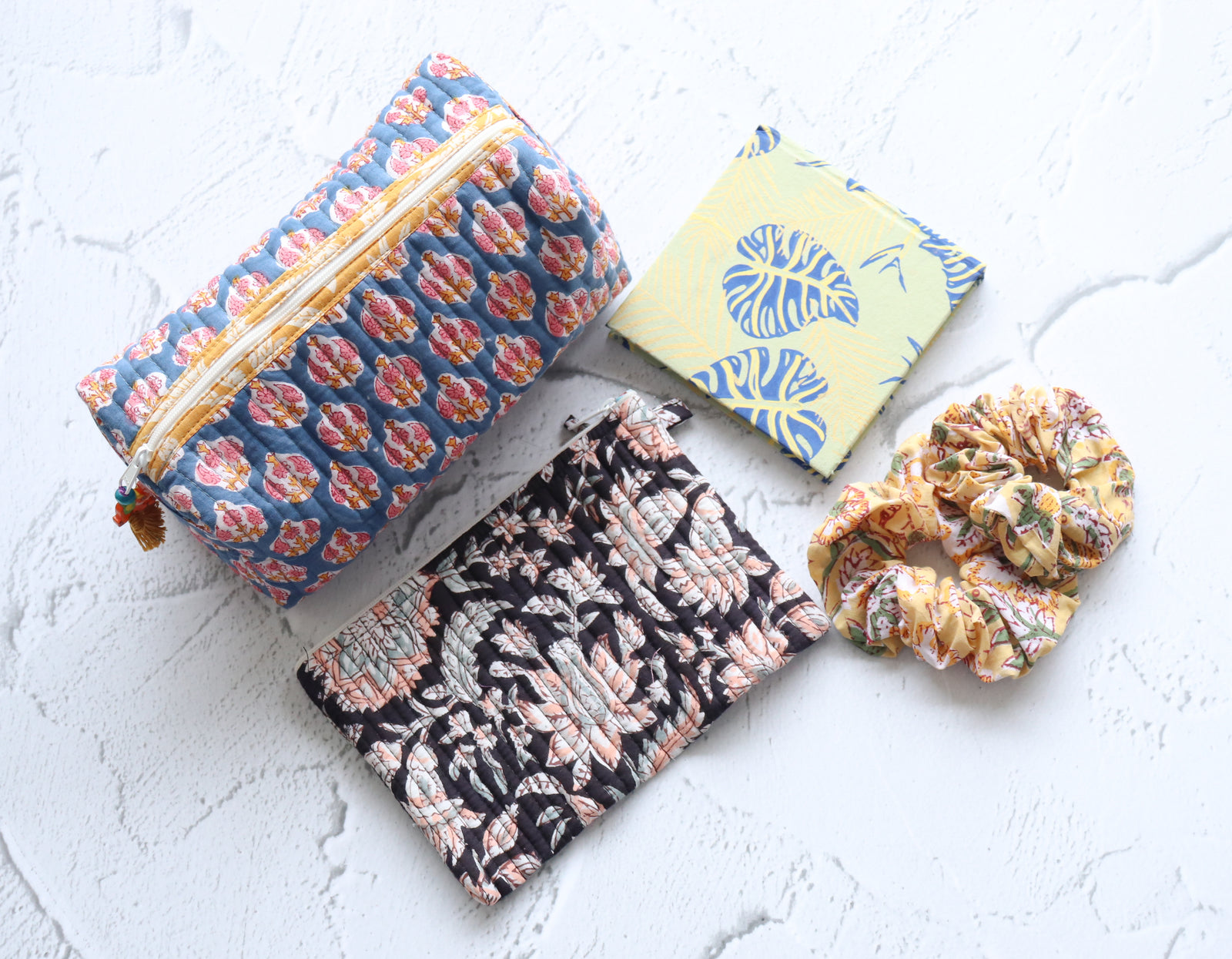 The Getting Ready gift set with handmade block print makeup bags and travel accessories by Kari by Kriti
