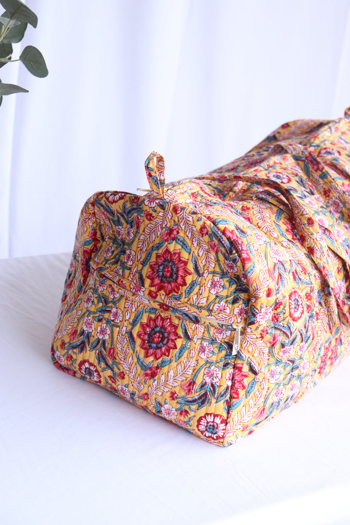 Block print weekender bag - Boho quilted bags - overnight bag - gym bag - Yellow and Red floral