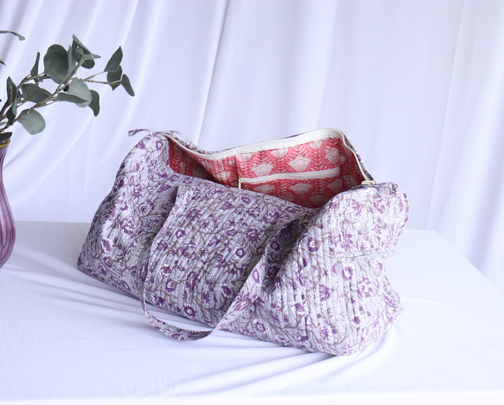 Block print weekender bag - Boho quilted bags - overnight bag - gym bag - Grey